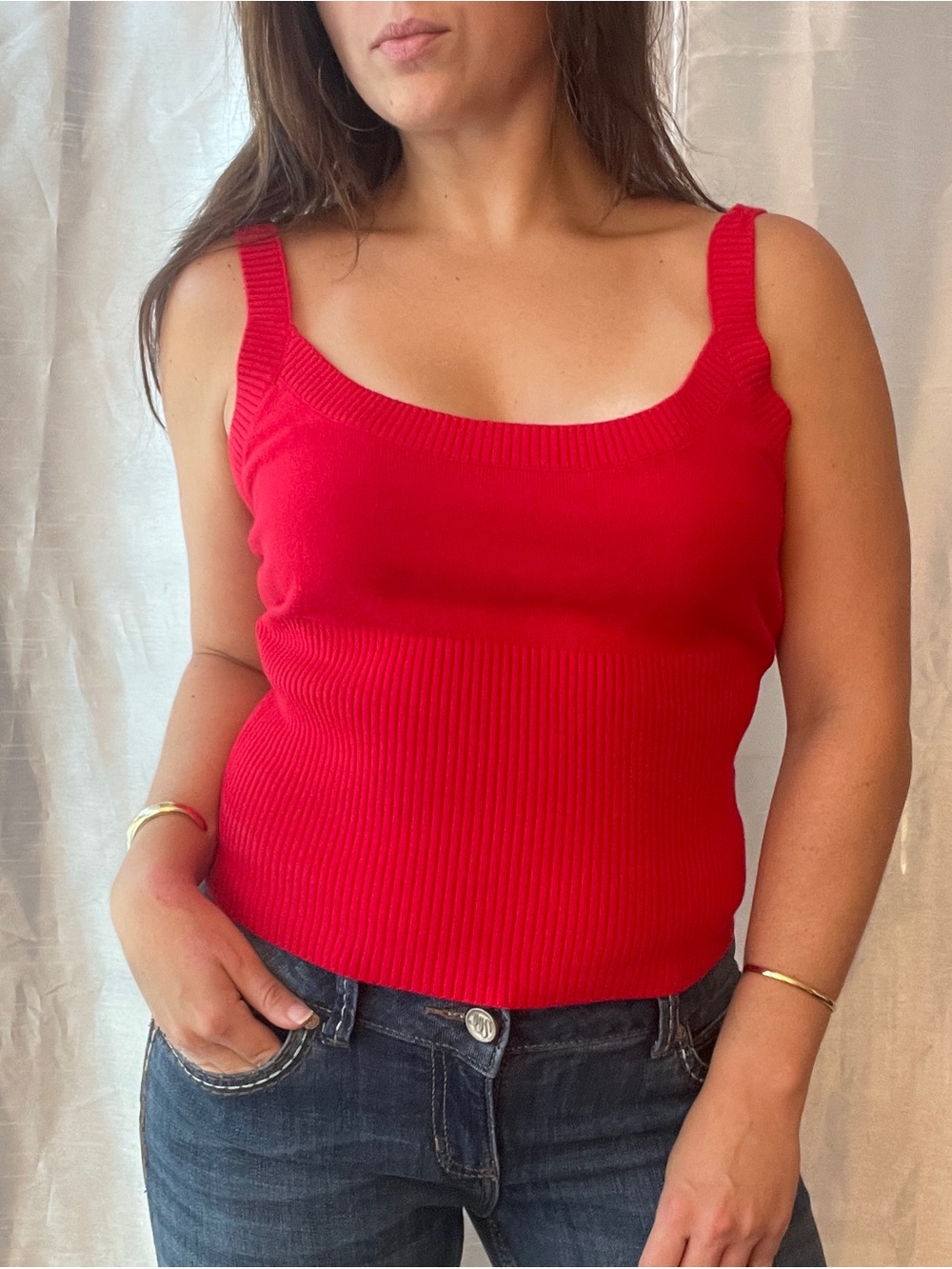 Frankies Bikinis Tank Top Women Medium Red Scoop Ribbed Knit Minimalist Feminine